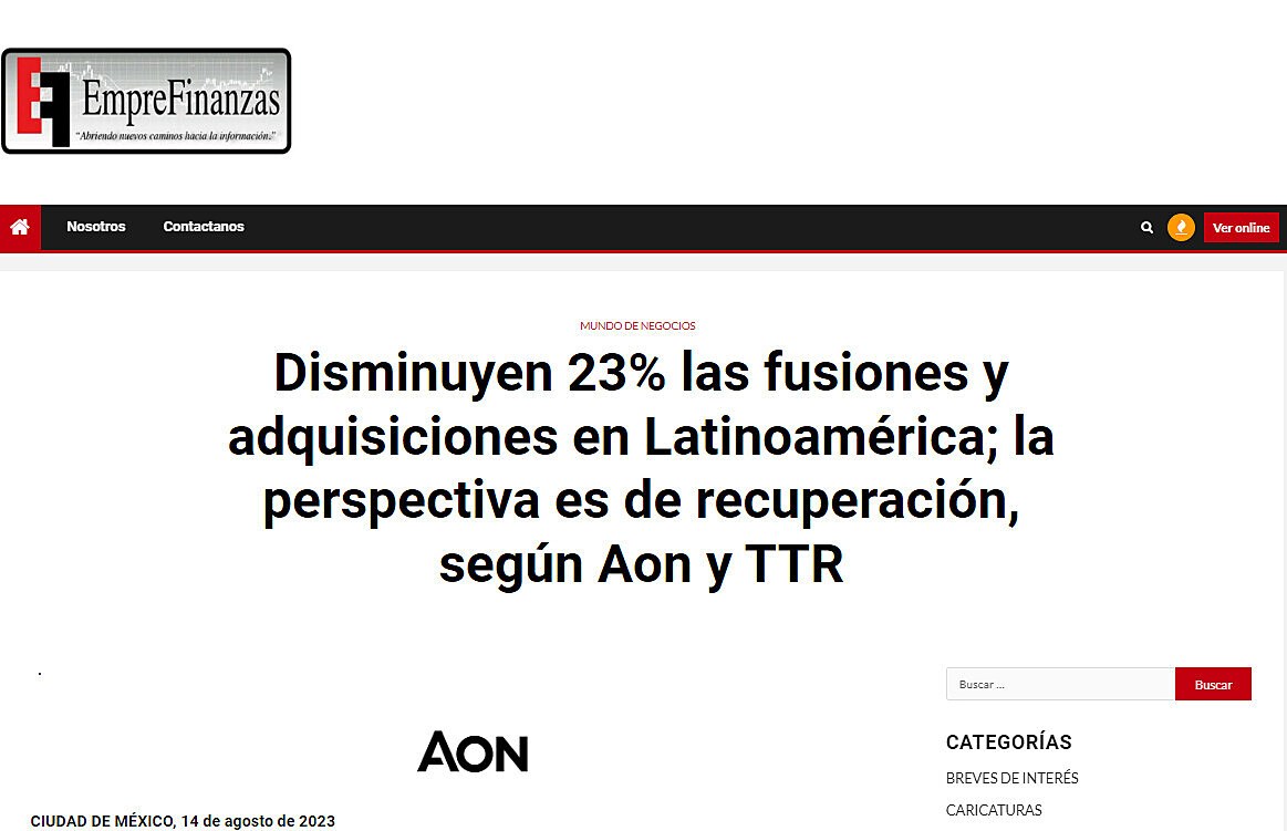 Disminuyen 23% las fusiones y adquisiciones en Latinoamrica; la perspectiva es de recuperacin, segn Aon y TTR